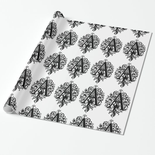 Monogram A Initiaal Black en White Floral Pattern Cadeaupapier (Uitgerold)