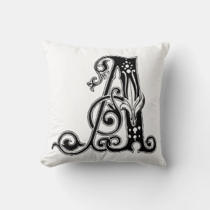 Monogram A Initiaal Black en White Floral Pattern Kussen