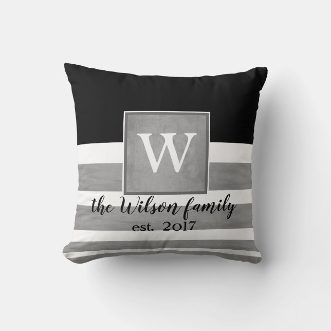 monogram aangepaste kussen sepia en witte strepen (Voorkant)