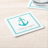 Monogram Aangepaste Rand en Anker Kleur Nautisch Vierkante Kartonnen Onderzetter (Schuin)