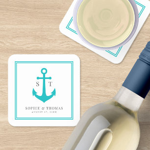 Monogram Aangepaste Rand en Anker Kleur Nautisch Vierkante Kartonnen Onderzetter