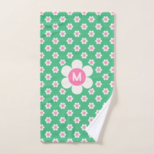 Monogram Aangepaste Retro Daisies Roze en Groen Bad Handdoek (Handdoek)