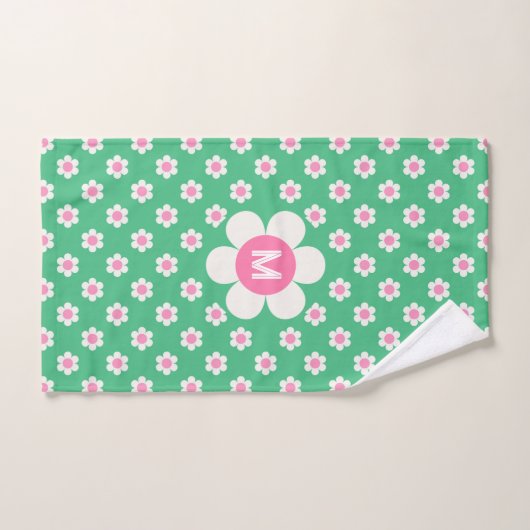 Monogram Aangepaste Retro Daisies Roze en Groen Bad Handdoek (Handdoek)
