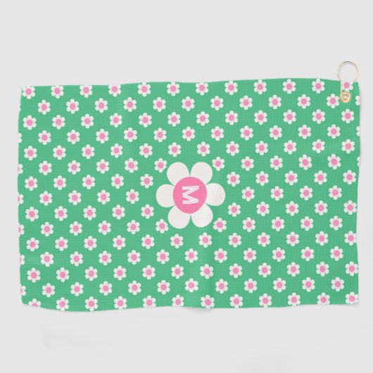 Monogram Aangepaste Retro Daisies Roze en Groen Golfhanddoek (Horizontaal)