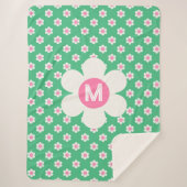 Monogram Aangepaste Retro Daisies Roze en Groen Sherpa Deken (Voorkant)