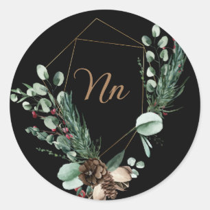 Monogram aanpasbaar goud lijst groene tak ronde sticker