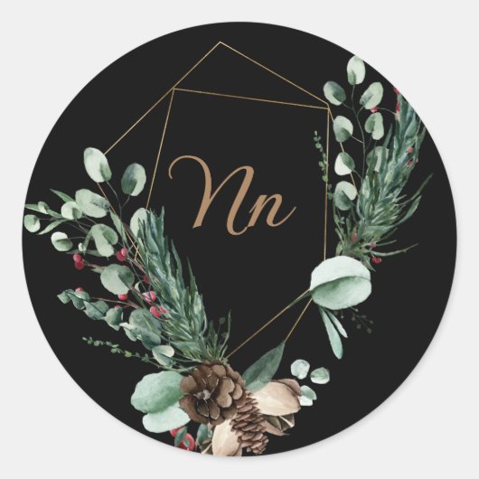 Monogram aanpasbaar gouden frame groene tak ronde sticker (Voorkant)