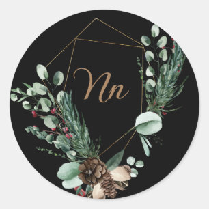 Monogram aanpasbaar gouden frame groene tak  ronde sticker