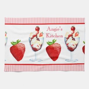 Monogram aardbei sundae ijskom roze strepen theedoek