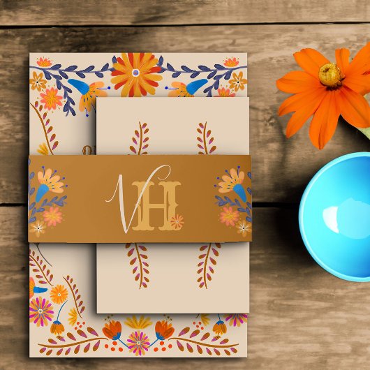 Monogram aardeachtig Boho Mexicaans Bloemen Uitnodigingen Wikkel