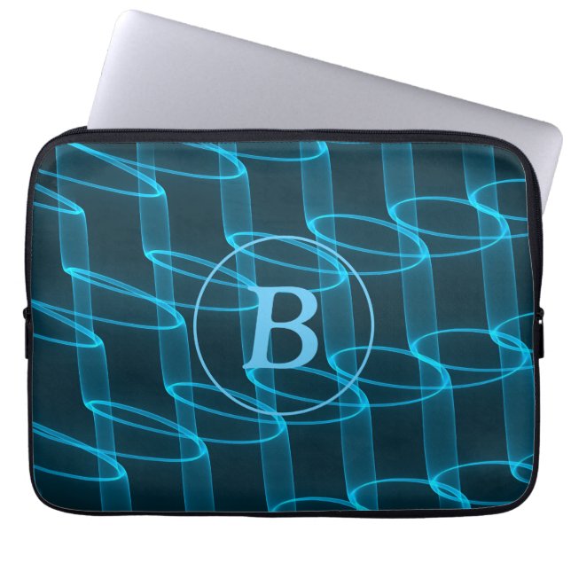 Monogram Abstracte blauwe neongolven Laptop Sleeve (Voorkant)