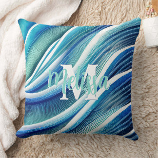 Monogram Abstracte golven in Blauw en Groen Kussen