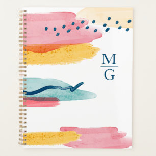 Monogram Abstracte Waterverf Navy Blue Pink Yellow Planner