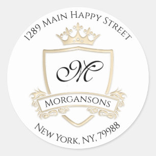 Monogram adres Crown Royal White Gold RSVP Ronde Sticker