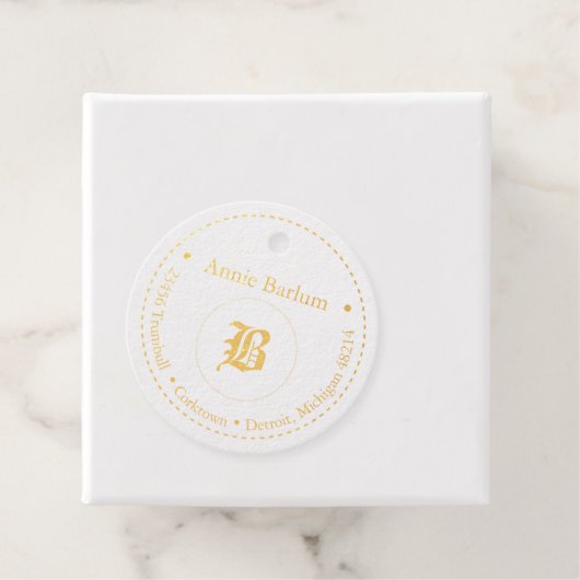 Monogram adres gestippelde cirkel bedankjes labels (Met doos)