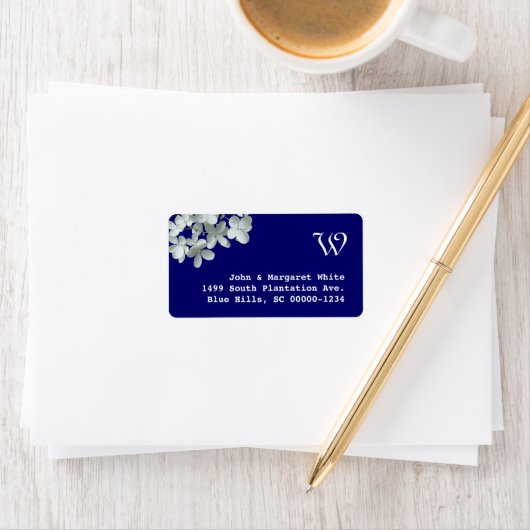 Monogram adres zeemacht en witte hydrangea etiket (Insitu)