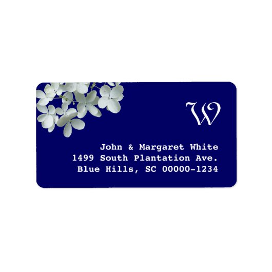 Monogram adres zeemacht en witte hydrangea etiket (Voorkant)