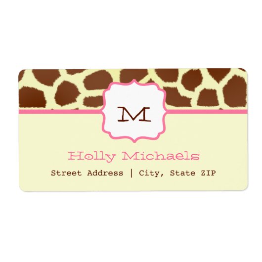 Monogram Adreslabel - Giraffe Print & Roze Etiket (Voorkant)