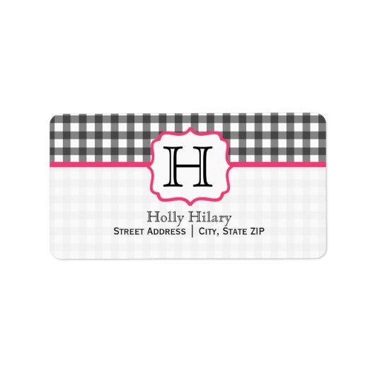 Monogram Adreslabel - Grijs Gingham en Roze Etiket (Voorkant)