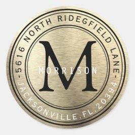 Monogram adreslabel in Brush Gold Metallic Ronde Sticker
