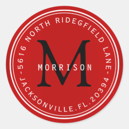 Monogram adreslabel in donkerrood ronde sticker