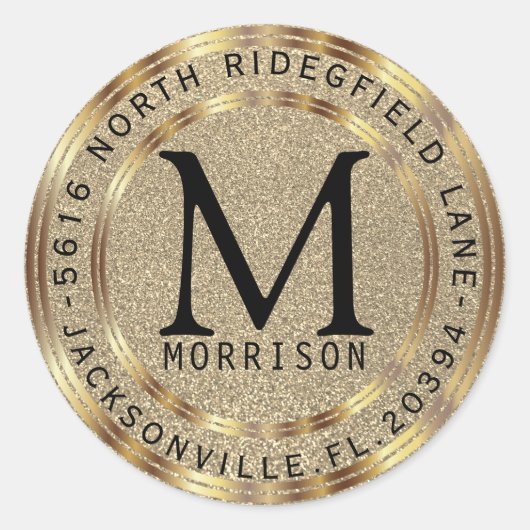 Monogram adreslabel in Gold Glitter Ronde Sticker (Voorkant)