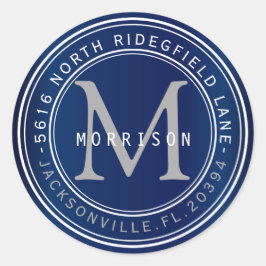 Monogram adreslabel in marineblauw 2 ronde sticker
