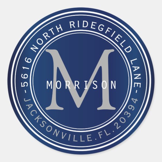 Monogram adreslabel in marineblauw 2 ronde sticker (Voorkant)