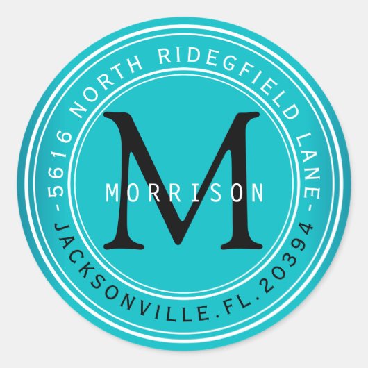 Monogram Adreslabel in Turquoise 2 Ronde Sticker (Voorkant)