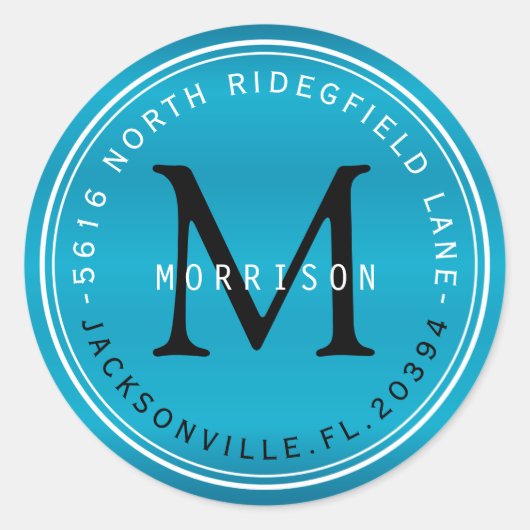 Monogram adreslabel in Turquoise blauw Ronde Sticker (Voorkant)