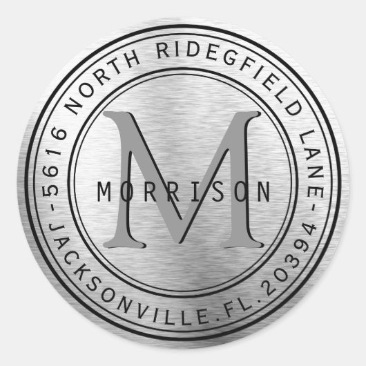 Monogram adreslabel in zilver ronde sticker (Voorkant)