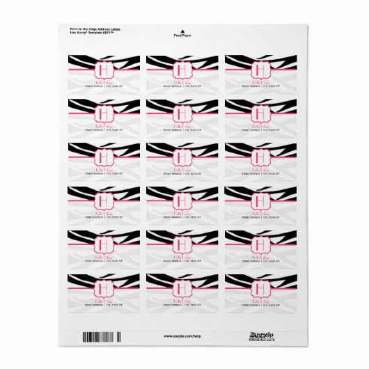 Monogram Adreslabel - Zebraprint en roze Etiket (Full Sheet)