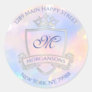 Monogram Adresnaam Crown Royal Holographic Blauw Ronde Sticker