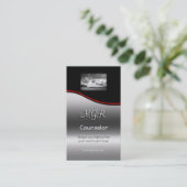 Monogram, adviesdiensten, rode swoosh visitekaartje (Staand voorkant)