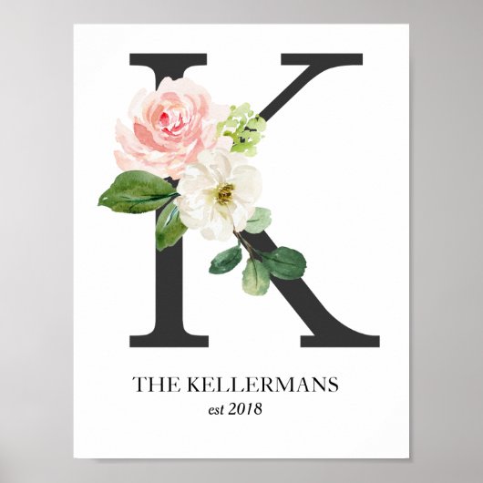 Monogram afdruk, bloemletter K, Trouwen, Kinderkam Poster (Voorkant)