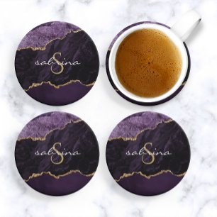 Monogram Agate Geode Paars Goud Zandsteen Onderzet Onderzetter