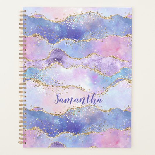 Monogram Agate Glitter Trendy Blue Pink Paars Planner (Voorkant)