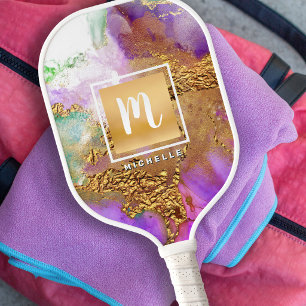 Monogram Agate Waterverf Goud Folie Paars Roze Pickleball Paddle