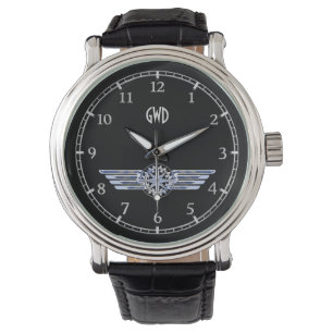 Monogram Air Pilot Silver Wings Compass op Black Horloge
