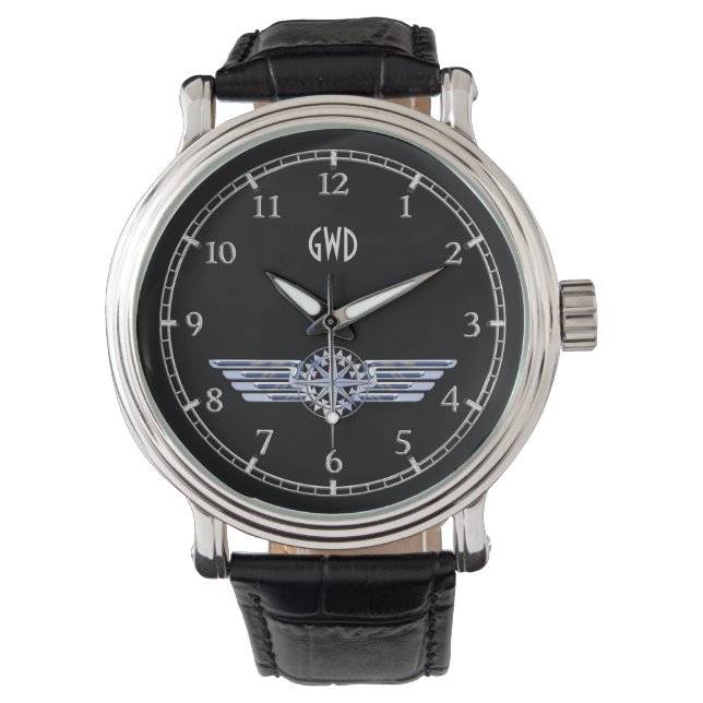 Monogram Air Pilot Silver Wings Compass op zwart Horloge (Voorkant)