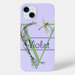 Monogram alfabet V Lavendel Eucalyptus Dragonfly iPhone 15 Mini Hoesje
