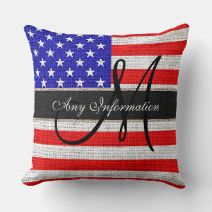 Monogram American Flag Burlap Linen Rustic Jute Kussen
