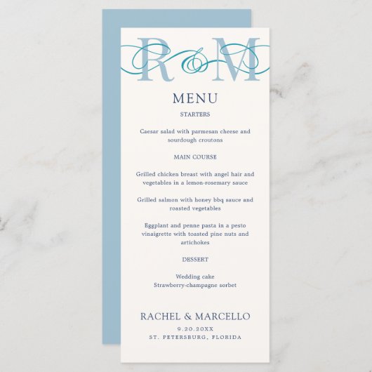 Monogram Ampersand Dusty Navy Blue Mariage Menu (Devant / Derrière)