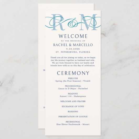 Monogram Ampersand Dusty Navy Blue Wedding Program (Voorkant / Achterkant)