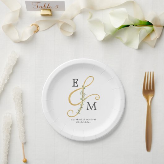Monogram Ampersand Eucalyptus Greenery Wedding Papieren Bordje (Huwelijk)