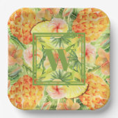 Monogram anananas Flowers Greenery Papieren Bordje (Voorkant)