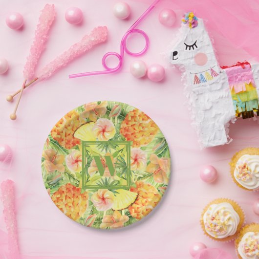 Monogram anananas papieren bordje (Feest)