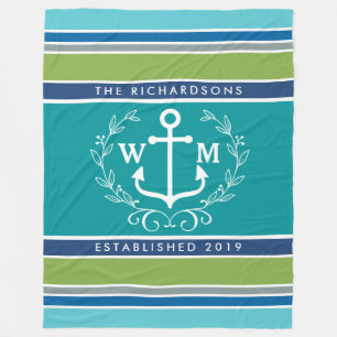 Monogram Anchor Laurel Wreath Stripes Nautical Fleece Deken