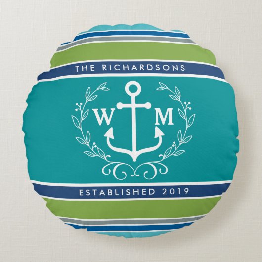 Monogram Anchor Laurel Wreath Stripes Nautical Rond Kussen (Voorkant)