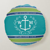 Monogram Anchor Laurel Wreath Stripes Nautical Rond Kussen (Achterkant)